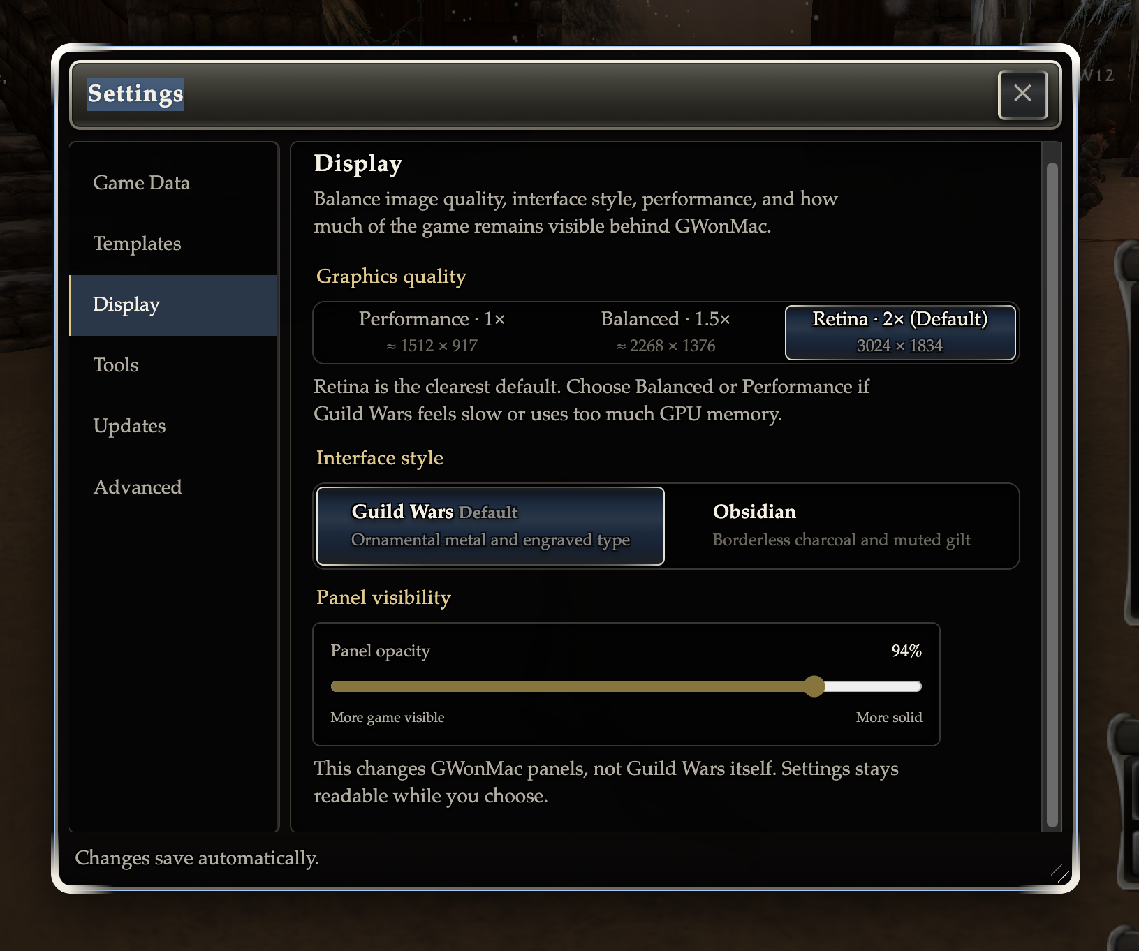 The Guild Wars interface style in GWonMac Settings