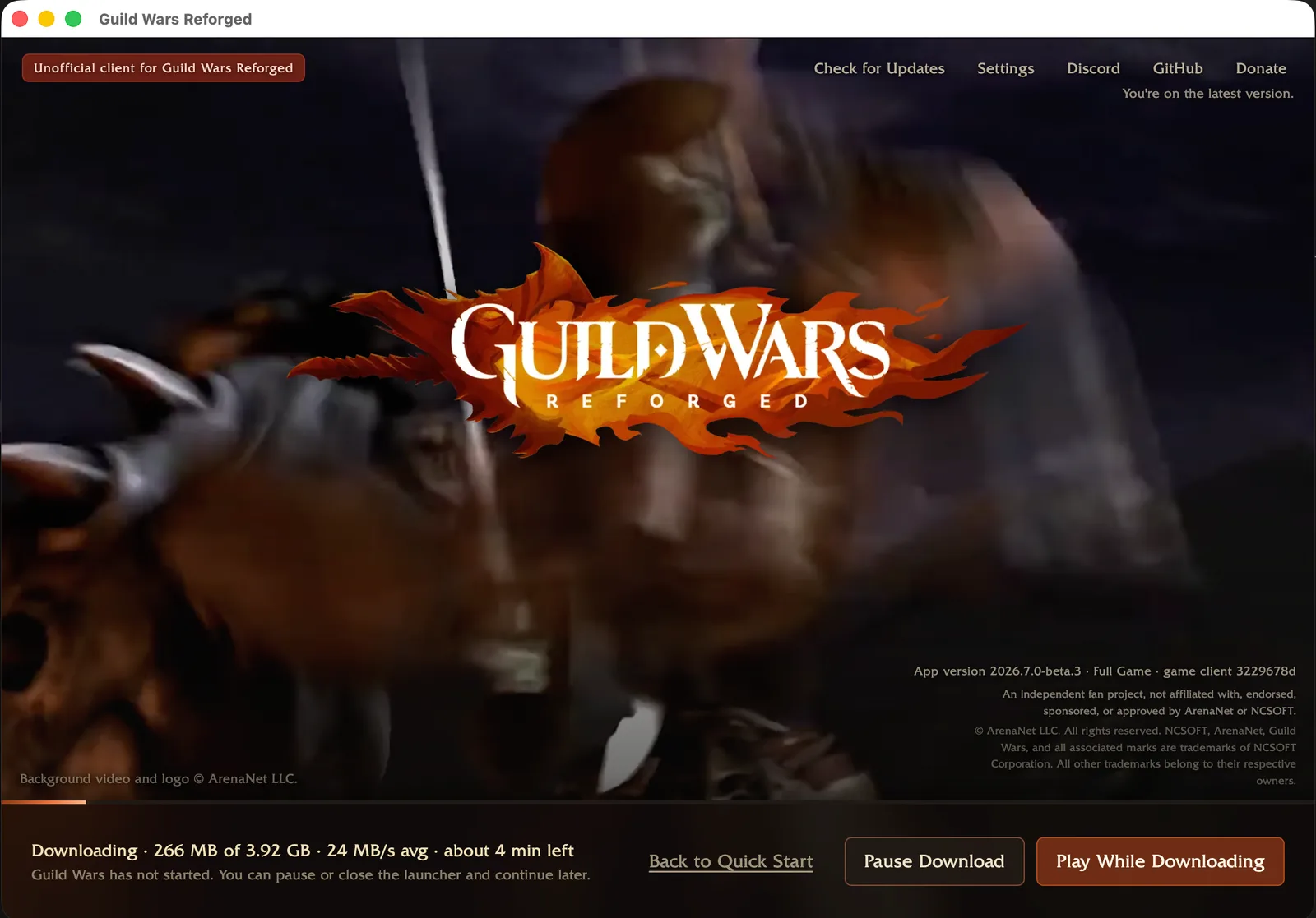 The launcher downloading game files from ArenaNet, with the option to play while downloading