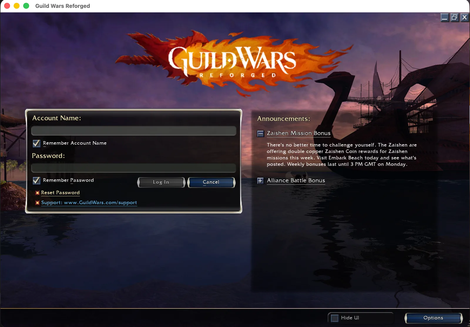 The Guild Wars login screen, running natively on macOS